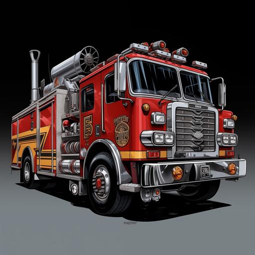a Chip Foose style, cartoon caricature drawing of a 2022 Pierce pumper fire truck, red with black and chrome accents on a grey background.