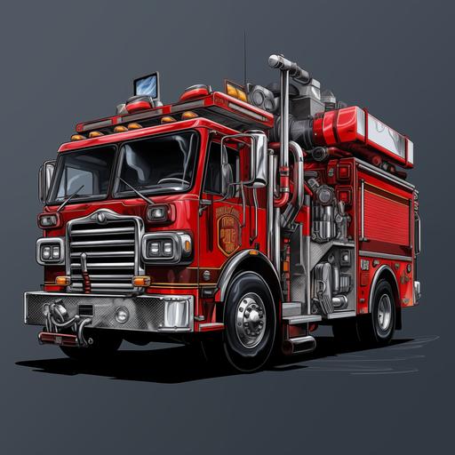 a Chip Foose style, cartoon caricature drawing of a 2022 Pierce pumper fire truck, red with black and chrome accents on a grey background.