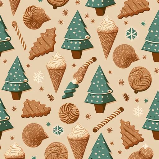 a Christmas fabric pattern with gingerbread man cookies, Christmas trees, mistletoe, pin cones and hot chocolate graphics. Pattern to be repeated
