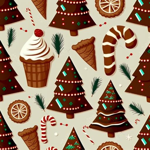 a Christmas fabric pattern with gingerbread man cookies, Christmas trees, mistletoe, pin cones and hot chocolate graphics. Pattern to be repeated