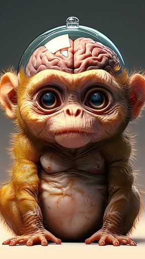 a Cute and Chubby Monkey with a glass transparent top for head where you can see his brain --ar 9:16 --v 6.0