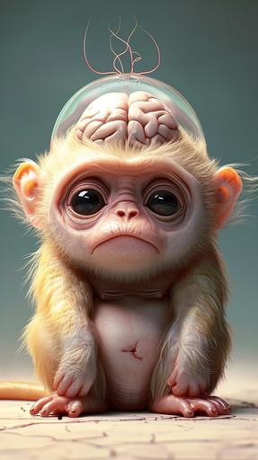 a Cute and Chubby Monkey with a glass transparent top for head where you can see his brain --ar 9:16 --v 6.0