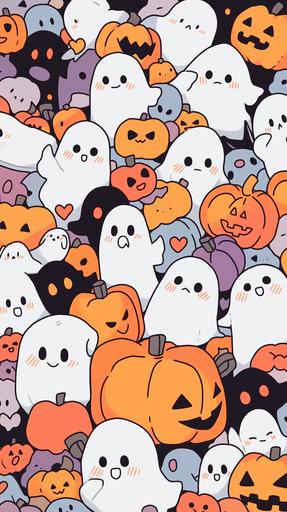a Cute cartoon Halloween ghost , surrounded by pumpkin, white background, doodle in the style of Keith Haring, sharpie illustration, bold lines, in the style of grunge beauty, mixed patterns, text and emoji installations --s 200 --niji 5 --ar 1267:2259