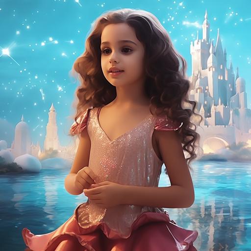 a Disney character princess with brown hair wearing light blue dress, crystal crown, her height is 160 cm, wearing crystal high heels, looking at the sky, the background is a modern day castle surrounded by water