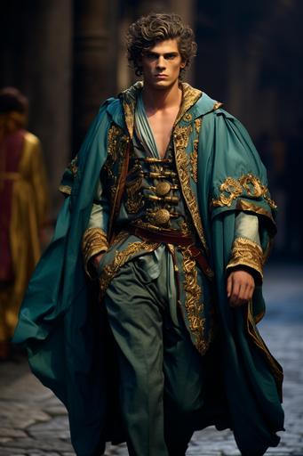 a Dolce Gabbana catwalk fashion photography, a muscular Italian male model dressed in the latest male fusion fashion of an Etruscan warrior cloak blended with the playful saturated colours of couture italian style male fashion, the cloak is short with bronze components, oxidized bronze green, flowing curly hair, photorealistic, daylight, Nikon, high aperture --ar 2:3 --c 20