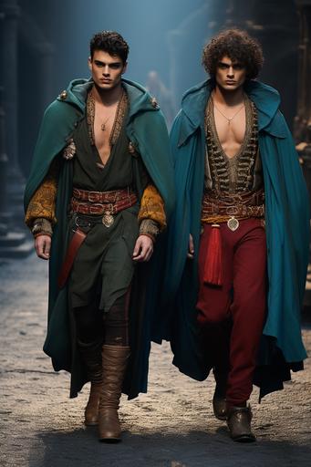 a Dolce Gabbana catwalk fashion photography, two Italian male model dressed in the latest male fusion fashion of an Etruscan warrior cloak blended with the playful saturated colours of couture italian style male fashion, the cloak is short with bronze components, oxidized bronze green, flowing curly hair, photorealistic, daylight, Nikon, high aperture --ar 2:3 --style raw