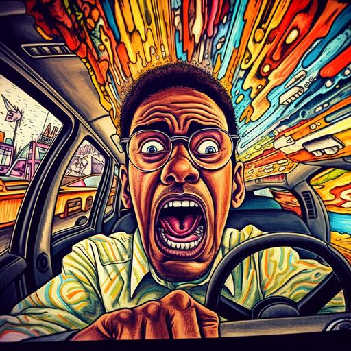 a Dominican man stressed in a traffic jam inside his car, he is mad, humoristic, pop art