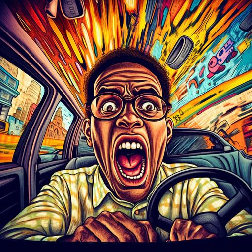 a Dominican man stressed in a traffic jam inside his car, he is mad, humoristic, pop art