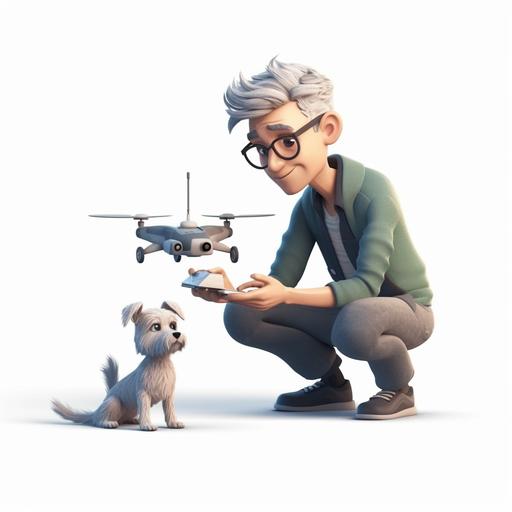 a French cartoon style claymation. A clean shaven trendy skinny grey hair male therapist helping a teenager fly a white remote control drone, there is happy Pomeranian dog sitting next to the boy looking at the drone. The background is white and the characters cast shadows on a white floor. --v 5 --s 750