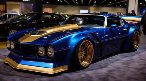 a Futuristic take on a Bandit-style 1977 Pontiac Thunderbird Trans Am SE coupe, Royal blue and gold insignia, Sema show car. --style raw --ar 16:9