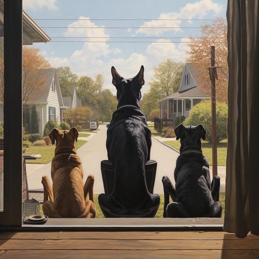 a German Shepard, black lab, and Great Dane sitting in a row on a wood porch watching their owner drive away