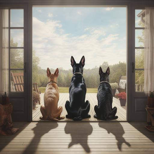 a German Shepard, black lab, and Great Dane sitting in a row on a wood porch watching their owner drive away