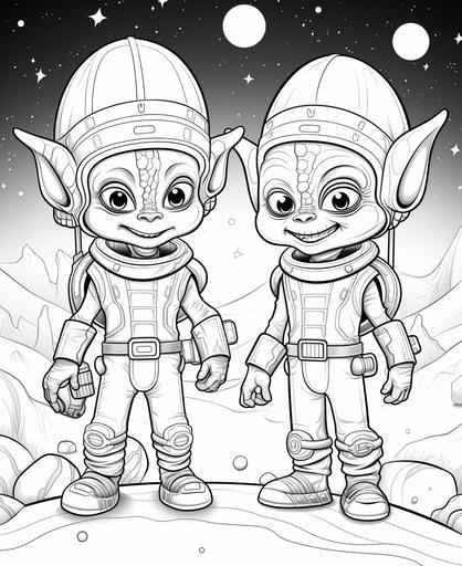 a Halloween-themed space adventure with alien costumes, coloring page for kids, cartoon style, thick line, low detail, no shading --ar 9:11