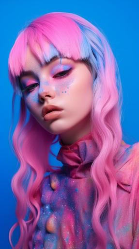 a Haute Couture fashion shoot is decorated with blue and pink waters, in the style of kawaii art, witchy academia, purple, sparklecore, pink and amber, study, spray-paint based --ar 9:16 --s 750 --s 250 --s 250