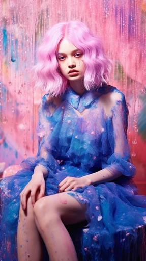 a Haute Couture fashion shoot is decorated with blue and pink waters, in the style of kawaii art, witchy academia, purple, sparklecore, pink and amber, study, spray-paint based --ar 9:16 --s 750 --s 250 --s 250