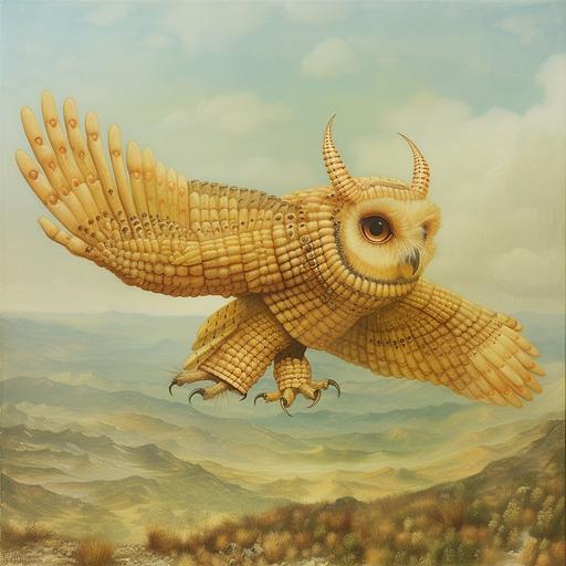 a Horned Owl is comprised of jointed segments resembling fingers knuckles and nail-like scales. The face is a series of delicate, hair-like tendrils, each resembling a whisper-thin finger. Wings are made of countless fingers and a mouth with teeth shaped like sharpened fingernails. depicted soaring through an ethereal landscape, the spirit of 'Extra Manum,' transcending ordinary boundaries of form and function, in a style that merges traditional imagery with avant-garde aesthetics, glowing with an ethereal light. --no vignette, depth of field --chaos 33 --stylize 111 --v 6.0