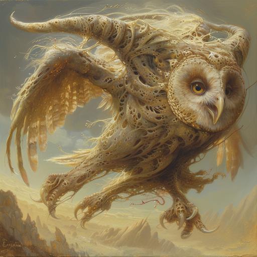 a Horned Owl is comprised of jointed segments resembling fingers knuckles and nail-like scales. The face is a series of delicate, hair-like tendrils, each resembling a whisper-thin finger. Wings are made of countless fingers and a mouth with teeth shaped like sharpened fingernails. depicted soaring through an ethereal landscape, the spirit of 'Extra Manum,' transcending ordinary boundaries of form and function, in a style that merges traditional imagery with avant-garde aesthetics, glowing with an ethereal light. --no vignette, depth of field --chaos 33 --stylize 111 --v 6.0