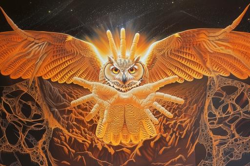 a Horned Owl is comprised of jointed segments resembling fingers knuckles and nail-like scales. The face is a series of delicate, hair-like tendrils, each resembling a whisper-thin finger. Wings are made of countless fingers and a mouth with teeth shaped like sharpened fingernails. depicted soaring through an ethereal landscape, the spirit of 'Extra Manum,' transcending ordinary boundaries of form and function, in a style that merges traditional imagery with avant-garde aesthetics, glowing with an ethereal light. --no vignette, depth of field --chaos 33 --stylize 111 --v 6.0 --ar 3:2