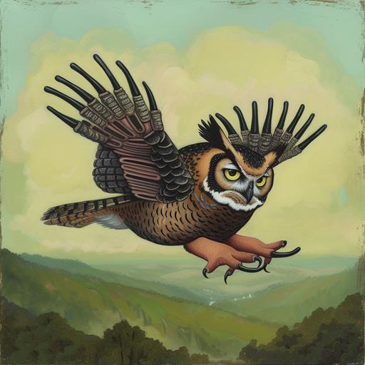 a Horned Owl is comprised of jointed segments resembling fingers knuckles and nail-like scales. The face is a series of delicate, hair-like tendrils, each resembling a whisper-thin finger. Wings are made of countless fingers and a mouth with teeth shaped like sharpened fingernails. depicted soaring through an ethereal landscape, the spirit of 'Extra Manum,' transcending ordinary boundaries of form and function, in a style that merges traditional imagery with avant-garde aesthetics, glowing with an ethereal light. --no vignette, depth of field --chaos 33 --stylize 0 --v 6.0