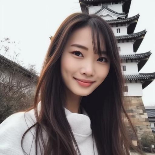 a Japanese women, 27 years old, quarter of Australian and Ukraine, neat and clean, cuticle straight black long hair, blue eyes with double eyelids, cute smile, white skin, 167 cm height, 42kg weight, standing in front of the castle, showing hole body --v 5 --s 750