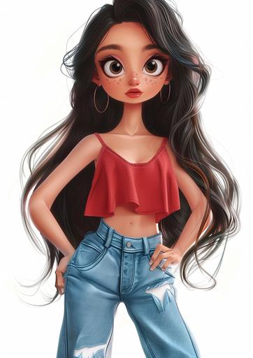 a Lady with staright long brownish black hair, big eyes, medium size mouth, wearing a red top crop and jean palazzo pants, white sneakers, a knowing expresion on her face, white background, no background, quirky cartoonish image --ar 5:7