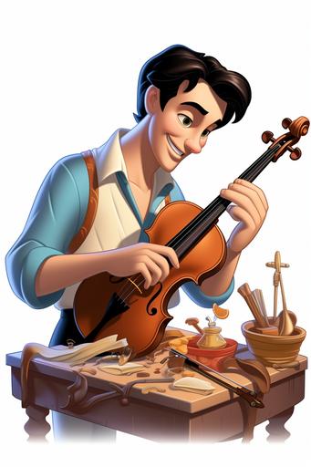 a Luthier makes a violin, disney cartoon style, white background, --aspect 2:3
