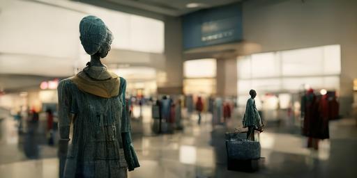 a Macy's mannequin panhandling in a busy airport, octane cryengine, realistic textures --w 512