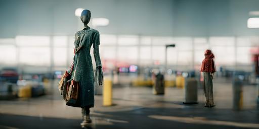 a Macy's mannequin panhandling in a busy airport, octane cryengine, realistic textures --w 512
