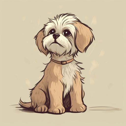 a Maltese and Teddy hybrid dog, cute cartoon, line drawing, brown