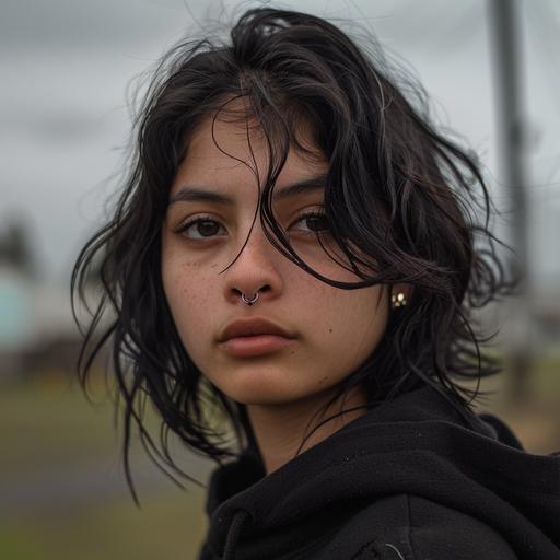 a Mexican girl in her late teens. Her black coily hair is neatly kempt. She’s dressed in a black hoodie. She has a black septum ring. She looks at the camera warily. In the background, we see a depressing suburb. It is an overcast day. The girl wears cat’s eye makeup.