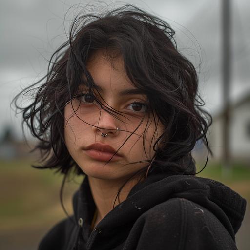 a Mexican girl in her late teens. Her black coily hair is neatly kempt. She’s dressed in a black hoodie. She has a black septum ring. She looks at the camera warily. In the background, we see a depressing suburb. It is an overcast day. The girl wears cat’s eye makeup.