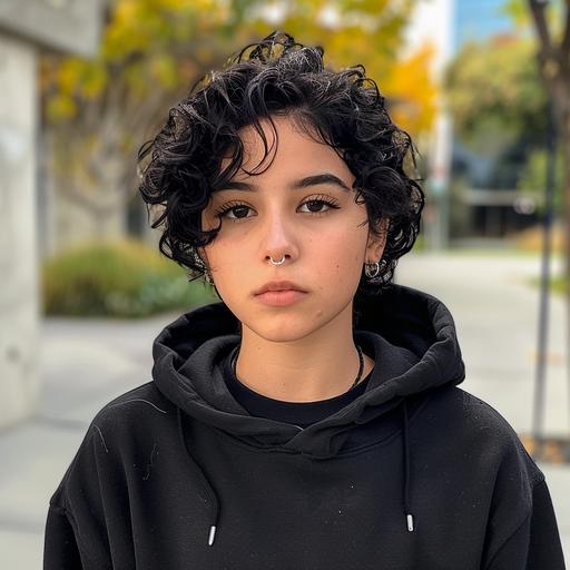 a Mexican girl in her late teens. Her black curly hair is neatly kempt. She’s dressed in a black hoodie. She has a black septum ring. She looks at the camera warily. In the background, we see a liberal arts college. It is an overcast day. The girl wears cat’s eye makeup.