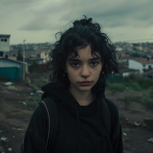 a Mexican girl in her late teens. Her black curly hair is neatly kempt. She’s dressed in a black hoodie. She has a black septum ring. She looks at the camera warily. In the background, we see a poorer suburban neighborhood. It is an overcast day. The girl carries a novel