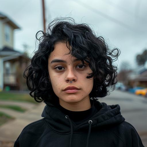 a Mexican girl in her late teens. Her black curly hair is neatly kempt. She’s dressed in a black hoodie. She has a black septum ring. She looks at the camera warily. In the background, we see a poorer suburban neighborhood. It is an overcast day. The girl carries a novel