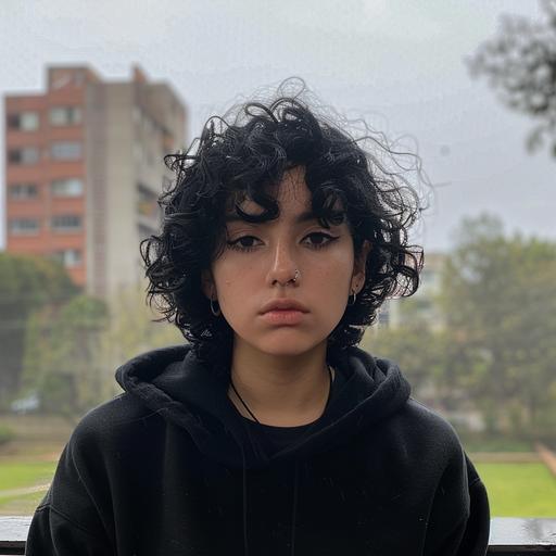 a Mexican girl in her late teens. Her black curly hair is neatly kempt. She’s dressed in a black hoodie. She has a black septum ring. She looks at the camera warily. In the background, we see a liberal arts college. It is an overcast day. The girl wears cat’s eye makeup. --v 6.0