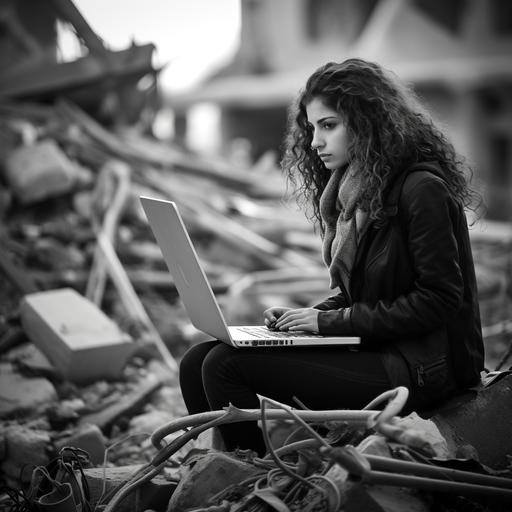 a Palestinian beautiful young lady wearing a black and white Palestinian scarf (Keffiya) working on a laptop during day light and behind here is a scene of destruction from Gaza's war. The image should reflect resilleance and determination to move forward with her life and continue education and challenge the situation.