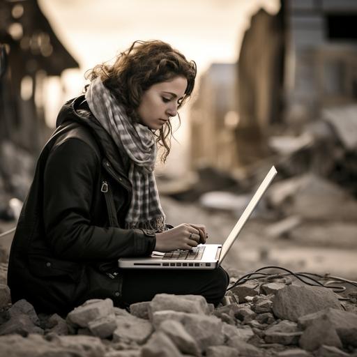 a Palestinian beautiful young lady wearing a black and white Palestinian scarf (Keffiya) working on a laptop during day light and behind here is a scene of destruction from Gaza's war. The image should reflect resilleance and determination to move forward with her life and continue education and challenge the situation.