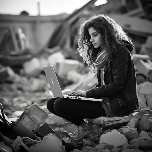 a Palestinian beautiful young lady wearing a black and white Palestinian scarf (Keffiya) working on a laptop during day light and behind here is a scene of destruction from Gaza's war. The image should reflect resilleance and determination to move forward with her life and continue education and challenge the situation.