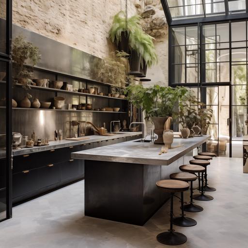 a Parisian kitchen with old stone floors, metal modern cabinets, modern fixtures, a waterfall stone countertop