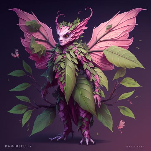 a Pathfinder 2E Leshy character inspired by the Kalanchoe 'Pink Butterfly' plant, featuring vibrant pink and green colors, delicate leaf patterns, magical abilities, fantasy, whimsical, nature-based creature, role-playing game, unique, enchanting, detailed illustration --v 4 --q 2 --stylize 1000