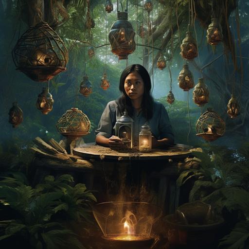 a Philippine indigenous filipino woman as a manggagamot, aged 30s, someone who has the ability to make someone fall in love by spelled oils and leaves from forest, sitting and surrounded with hanged bottles with water ang leaves, holding a wooden bowl with smoke, creepy settings, hyper realistic, hyper detailed, ar-- 12:12