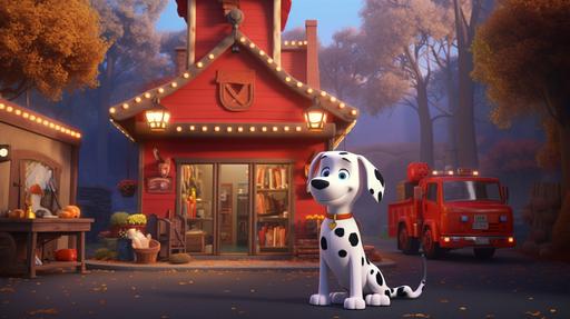 a Pixar-inspired, fire station, in a friendly little town called Sunnyville, a special Marvel-inspired Firedog, named Skampy there lived, Skampy is a dalmatian, with a coat of snow white fur, covered in black and brown spots, Hollywood high stage lighting in a small town, --ar 16:9 --s 250