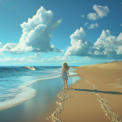 a Pixar-style teenage princess with blonde hair walking along a sandy beach. Pixar Animation Style: Serene, Inspirational, Peaceful. Camera: DSLR. Lens: Wide-angle. Post-processing: (fast) --s 50