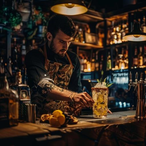 a Polish bartender in Wroclaw preparing a mai tai cocktail for a customer at night. The lights are dimmed and yellowish, dark wooden counter, lighten up botles in the background.