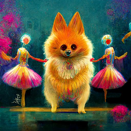 a Pomeranian dancing ballet with her friends inside a angelical palace ultra detailed and colourful