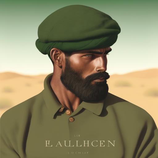 a Ralph Lauren vogue magazine poster of a baloch man wearing a green cable knitted cricket sweater in a desert, beard, green baggy cricket cap, brown khaki trousers, dark complexion --v 4