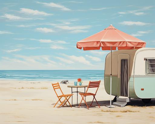 a Sall outdoor table and chairs with an umbrella next to a vintage caravan on the coast flat minimalism painting with mid century retro colours --ar 5:4