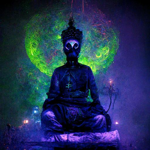 a Satanic Buddha wearing an Israeli gas mask sitting cross legged under a starry night sky with spiderweb draped across it. Character of a cosmic horror. Creative high detail dreamlike Jungian dark psychology of the Shadow Neon vivid colors, dark violet shadow tones, deep blue mid tones, fluorescent green highlights. Radioactivity in a volumetric cloud of thought.