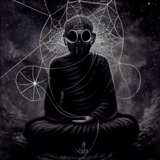 a Satanic Buddha wearing an Israeli gas mask sitting cross legged under a starry night sky with spiderweb draped across it. Character of a cosmic horror. Creative high detail dreamlike Jungian dark psychology of the Shadow --test --creative