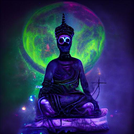 a Satanic Buddha wearing an Israeli gas mask sitting cross legged under a starry night sky with spiderweb draped across it. Character of a cosmic horror. Creative high detail dreamlike Jungian dark psychology of the Shadow Neon vivid colors, dark violet shadow tones, deep blue mid tones, fluorescent green highlights. Radioactivity in a volumetric cloud of thought.